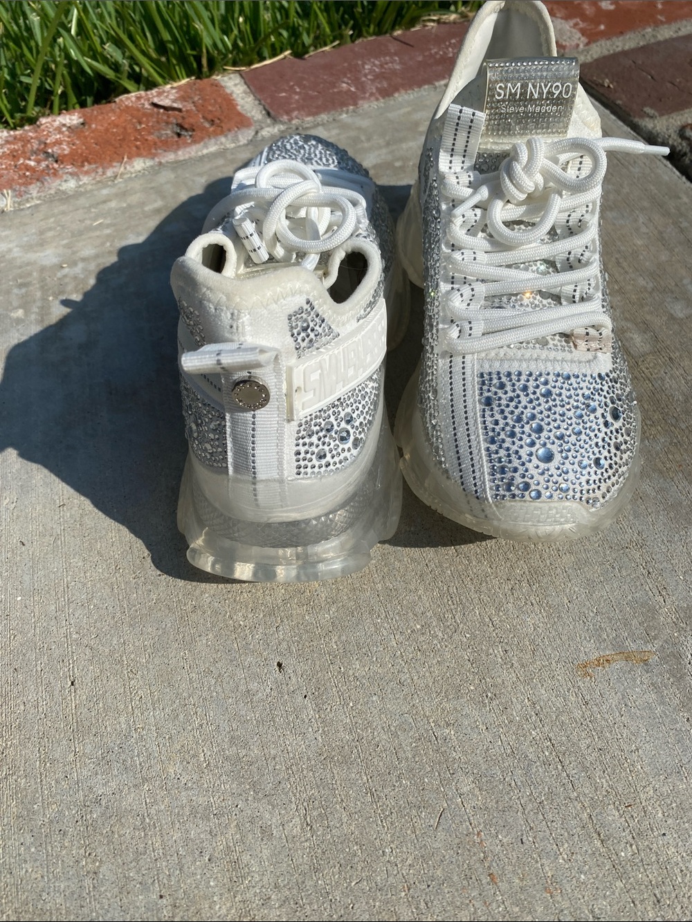 Steve Madden White Crystal Embellished Chunky Sneakers - Picture 4 of 16